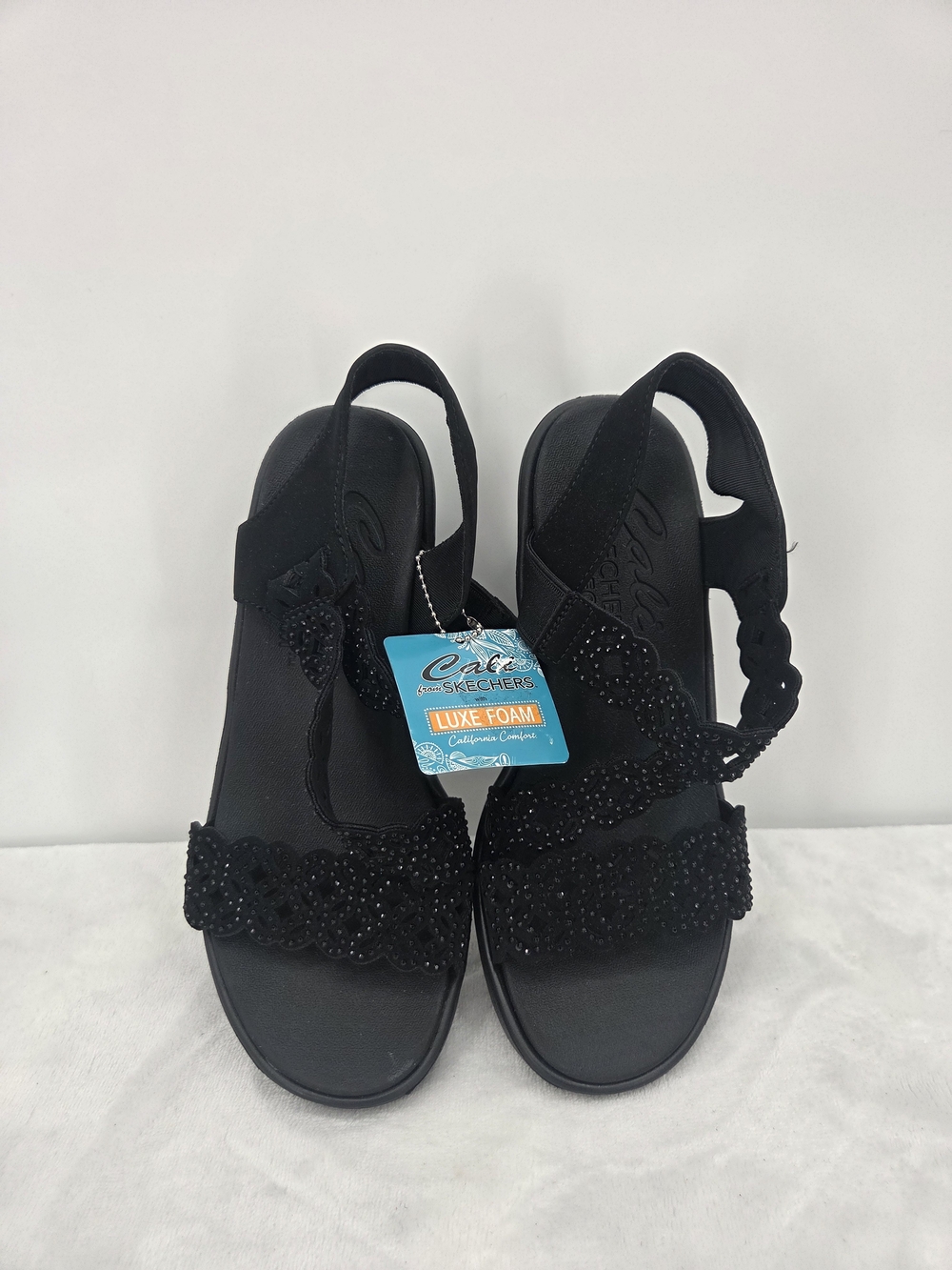 Skechers Cali Rumble On Sassier Dayz Black Rhinestone Wedge Sandals Size 6